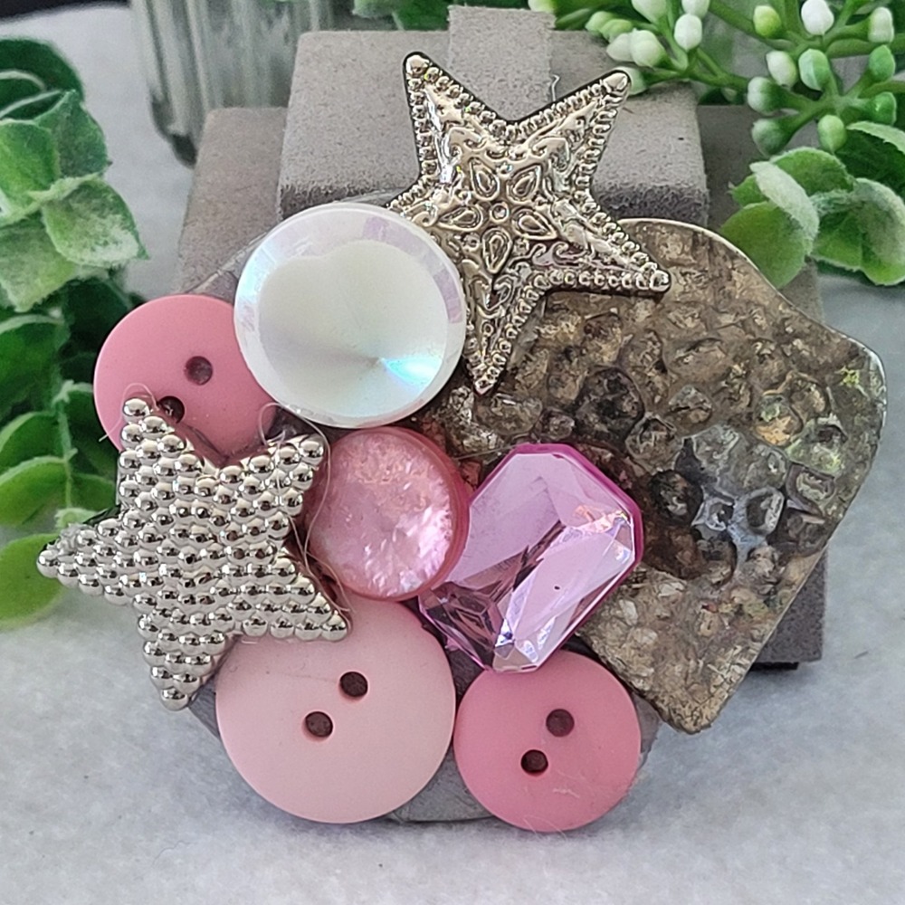 Artisan Mixed Media Brooch Pink Buttons Starfish Statement Pin 2.5 Inch